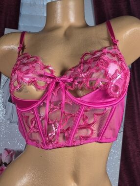VICTORIA'S SECRET COLLECTION  Sheer Lace Longline Bra Corset in Hot Pink 2204